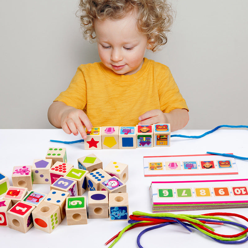 Children's Large Particle Bead Thread Rope Building Blocks Digital Shape Color Focus Training Early Education Puzzle Toys